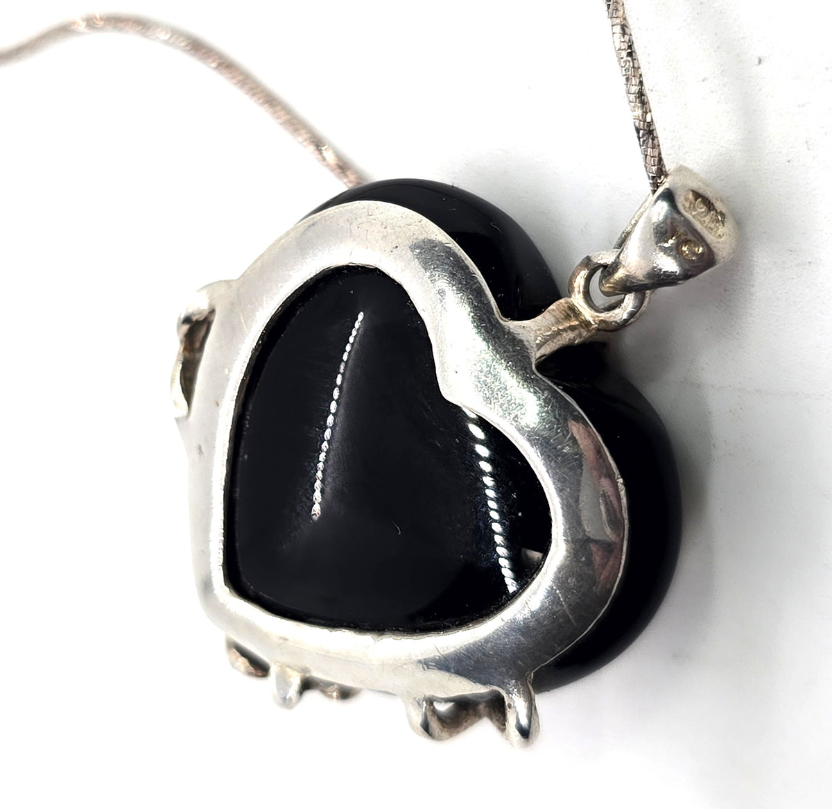 JC Black Onyx heart rose accented vintage sterling silver necklace