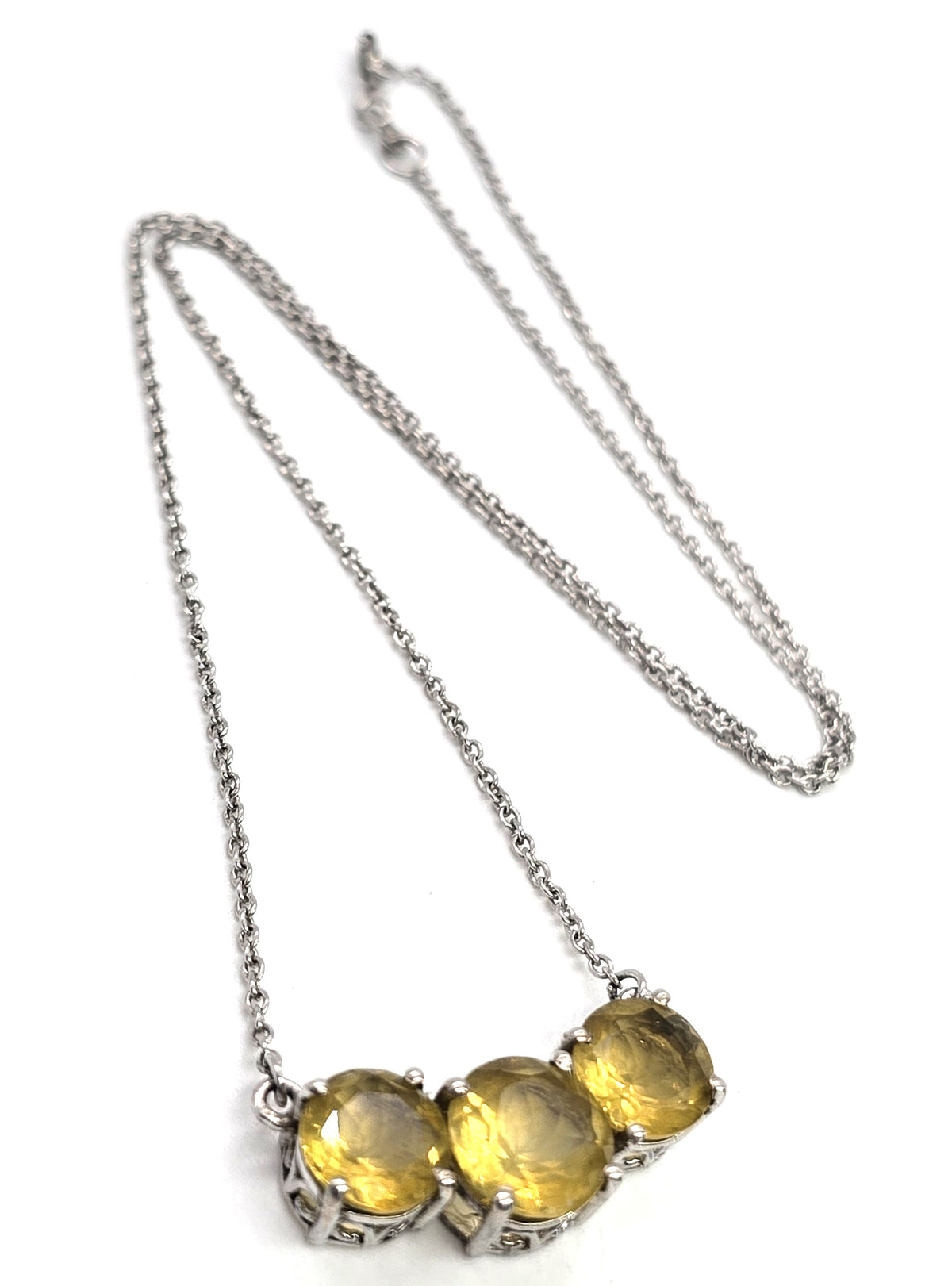 STS Citrine faceted triple stone sterling silver prong set filigree necklace