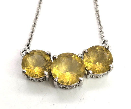 STS Citrine faceted triple stone sterling silver prong set filigree necklace