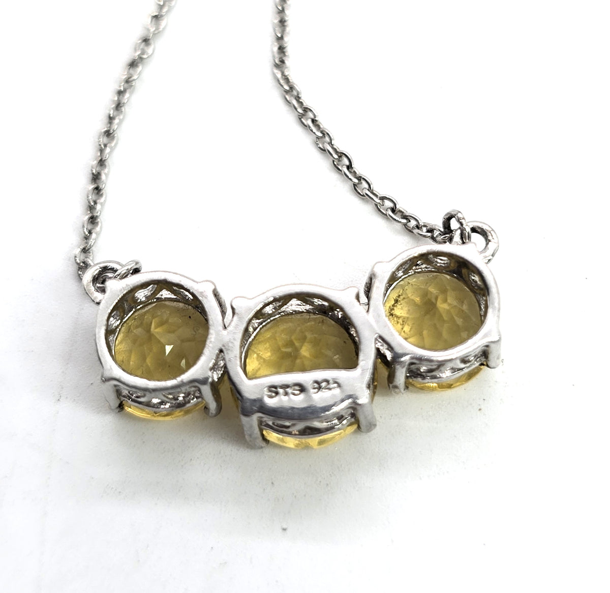 STS Citrine faceted triple stone sterling silver prong set filigree necklace