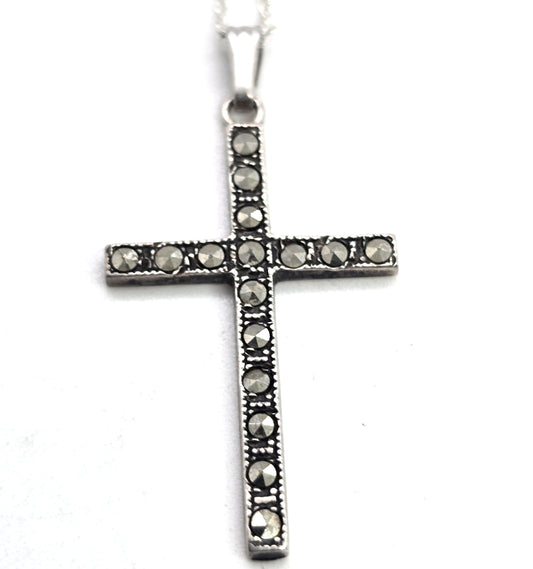 Uncas signed Marcasite gemstone vintage sterling silver cross necklace