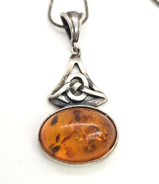 Amber Celtic knot sterling silver vintage pendant necklace