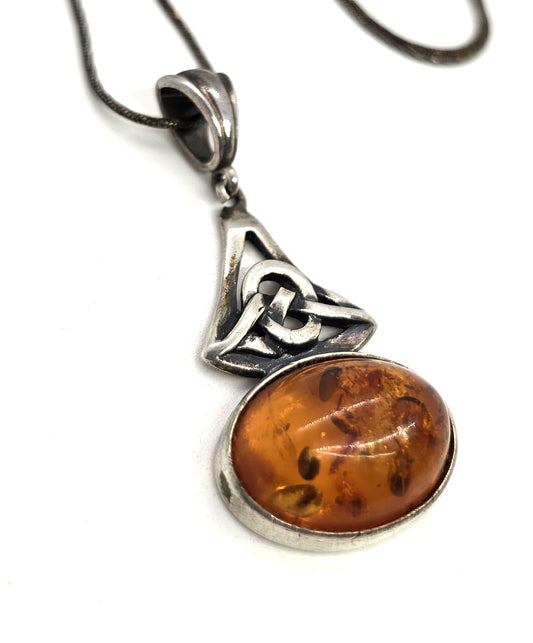 Amber Celtic knot sterling silver vintage pendant necklace
