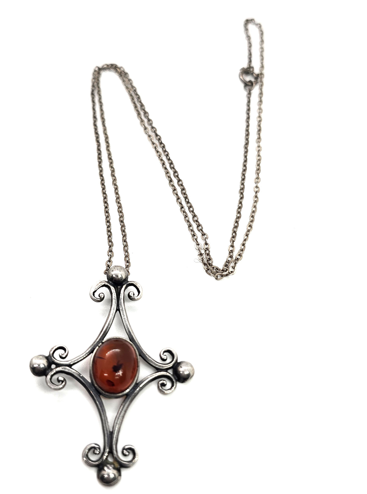 JB Polish Amber filigree handcrafted sterling silver vintage pendant necklace