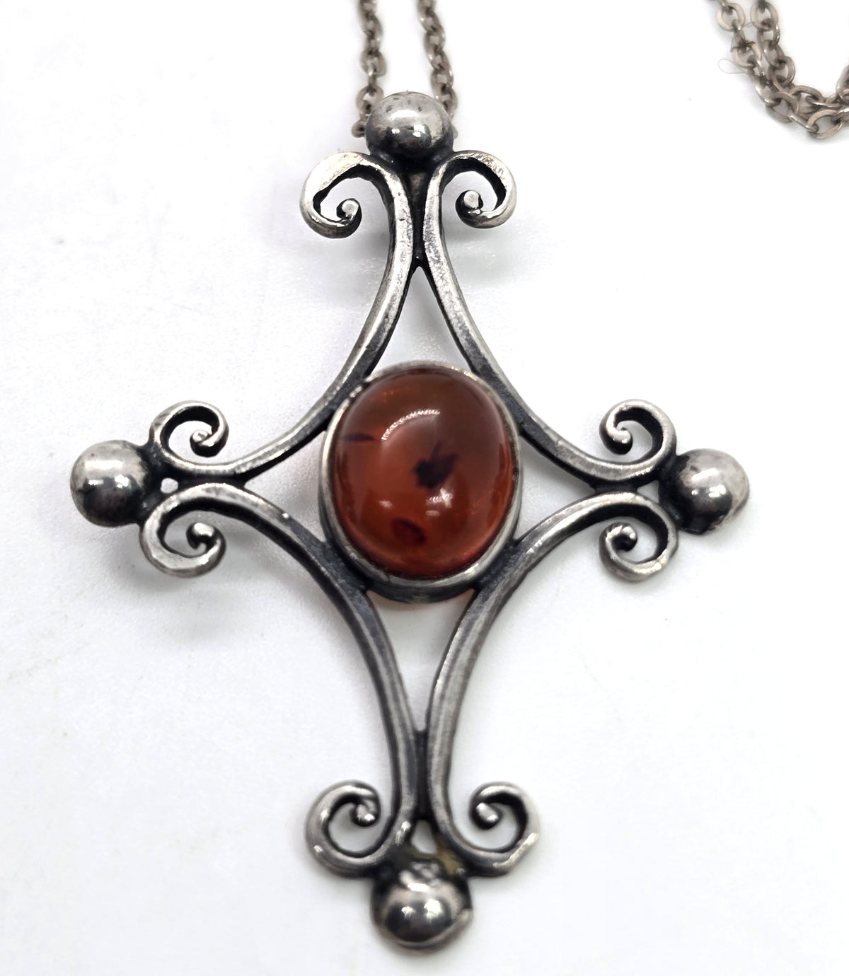 JB Polish Amber filigree handcrafted sterling silver vintage pendant necklace