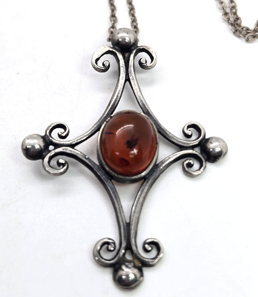 JB Polish Amber filigree handcrafted sterling silver vintage pendant necklace