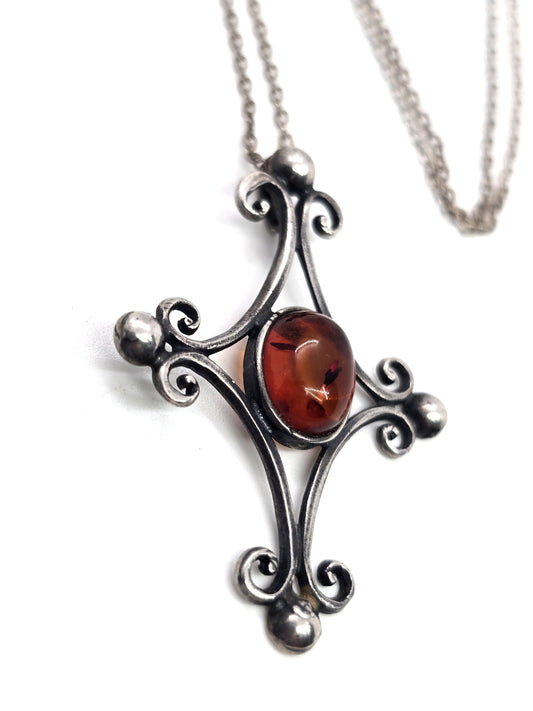 JB Polish Amber filigree handcrafted sterling silver vintage pendant necklace