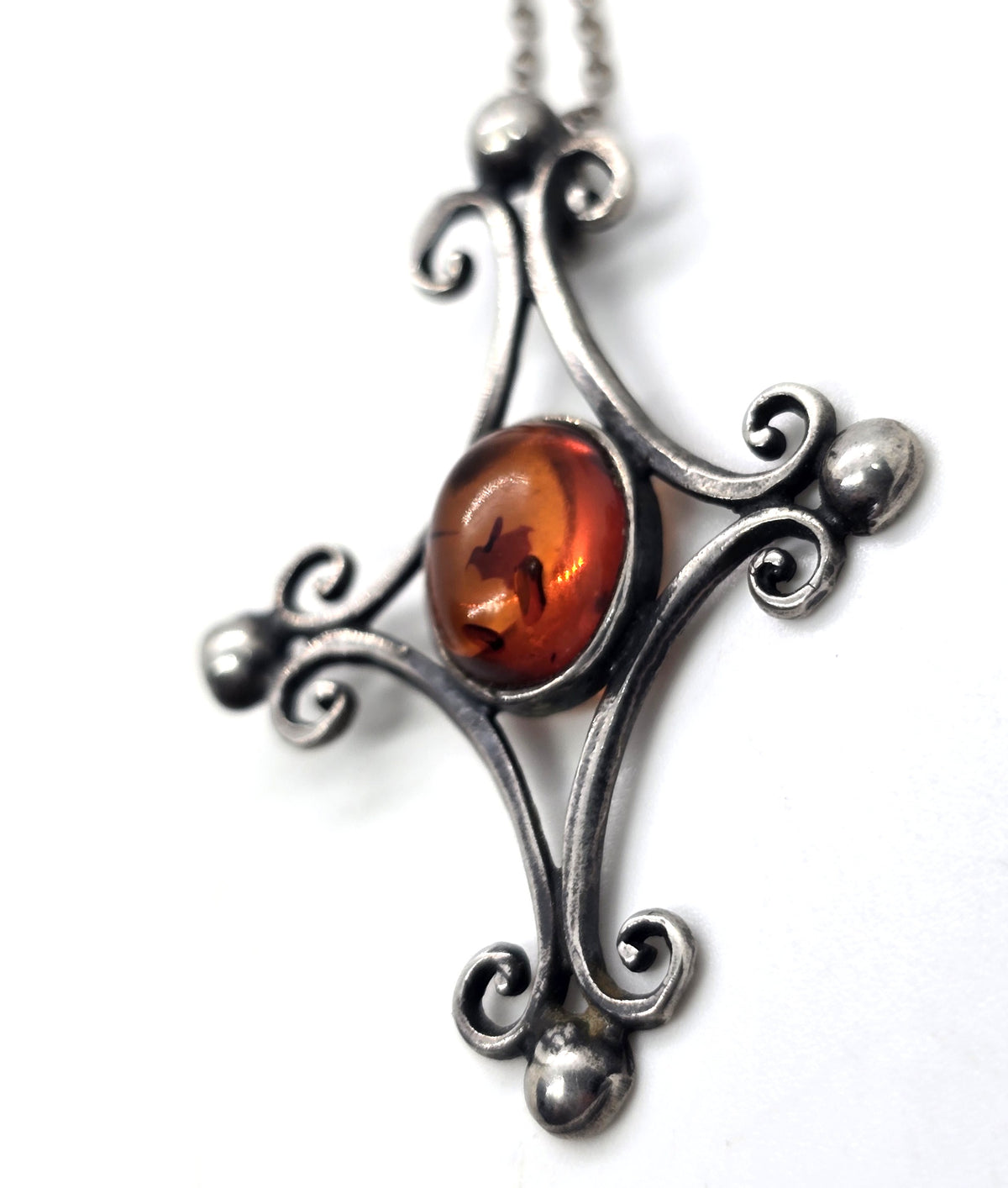JB Polish Amber filigree handcrafted sterling silver vintage pendant necklace