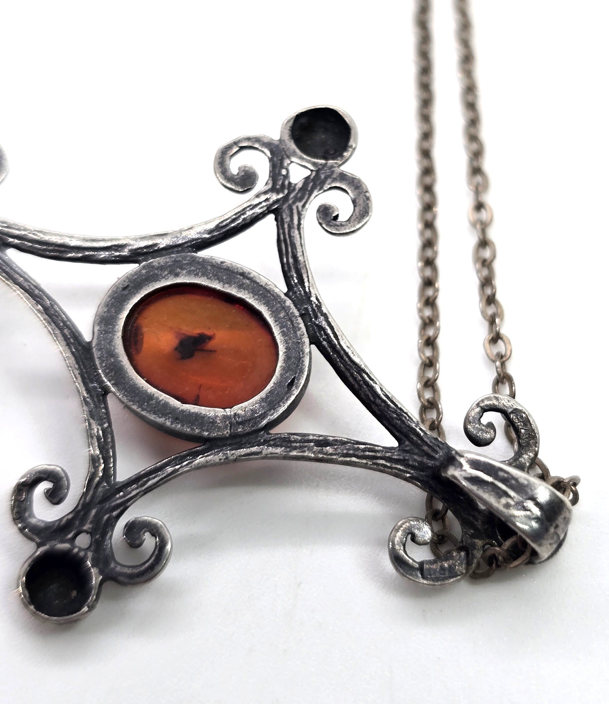 JB Polish Amber filigree handcrafted sterling silver vintage pendant necklace