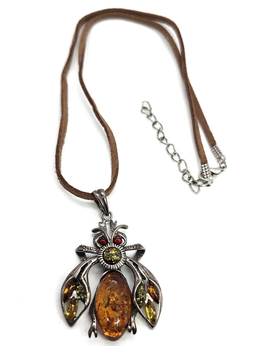 Articulated fly Amber sterling silver steampunk entomology pendant necklace