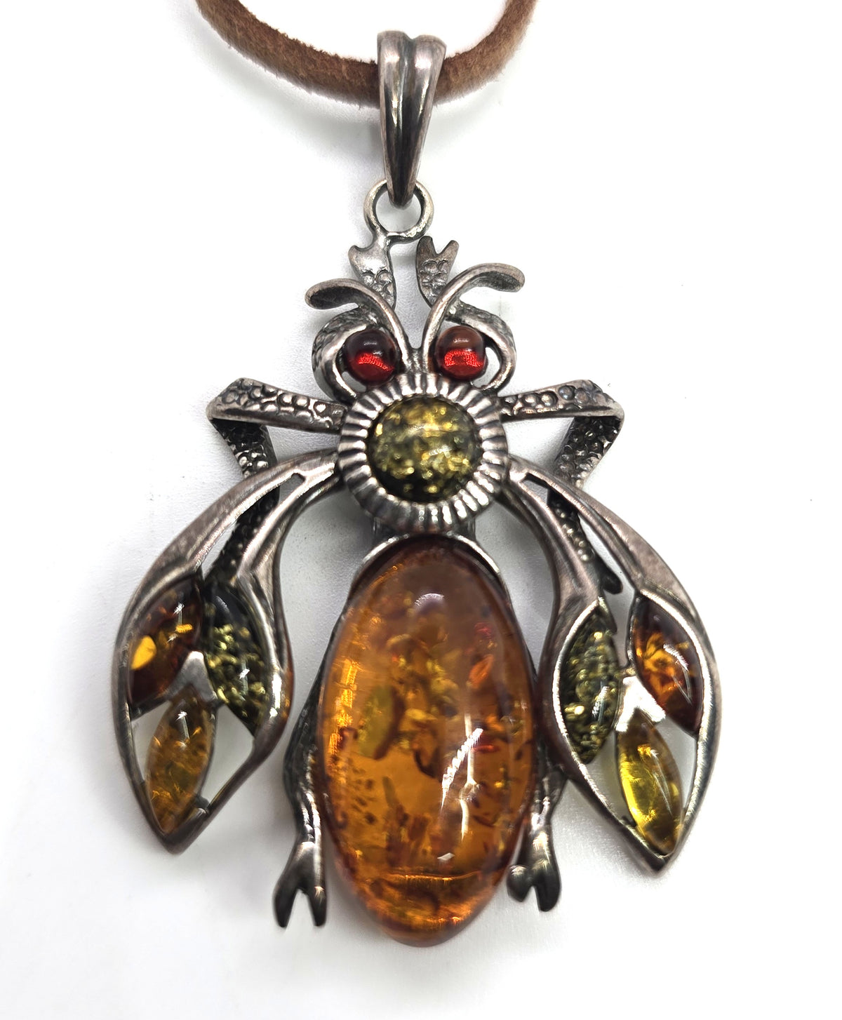 Articulated fly Amber sterling silver steampunk entomology pendant necklace