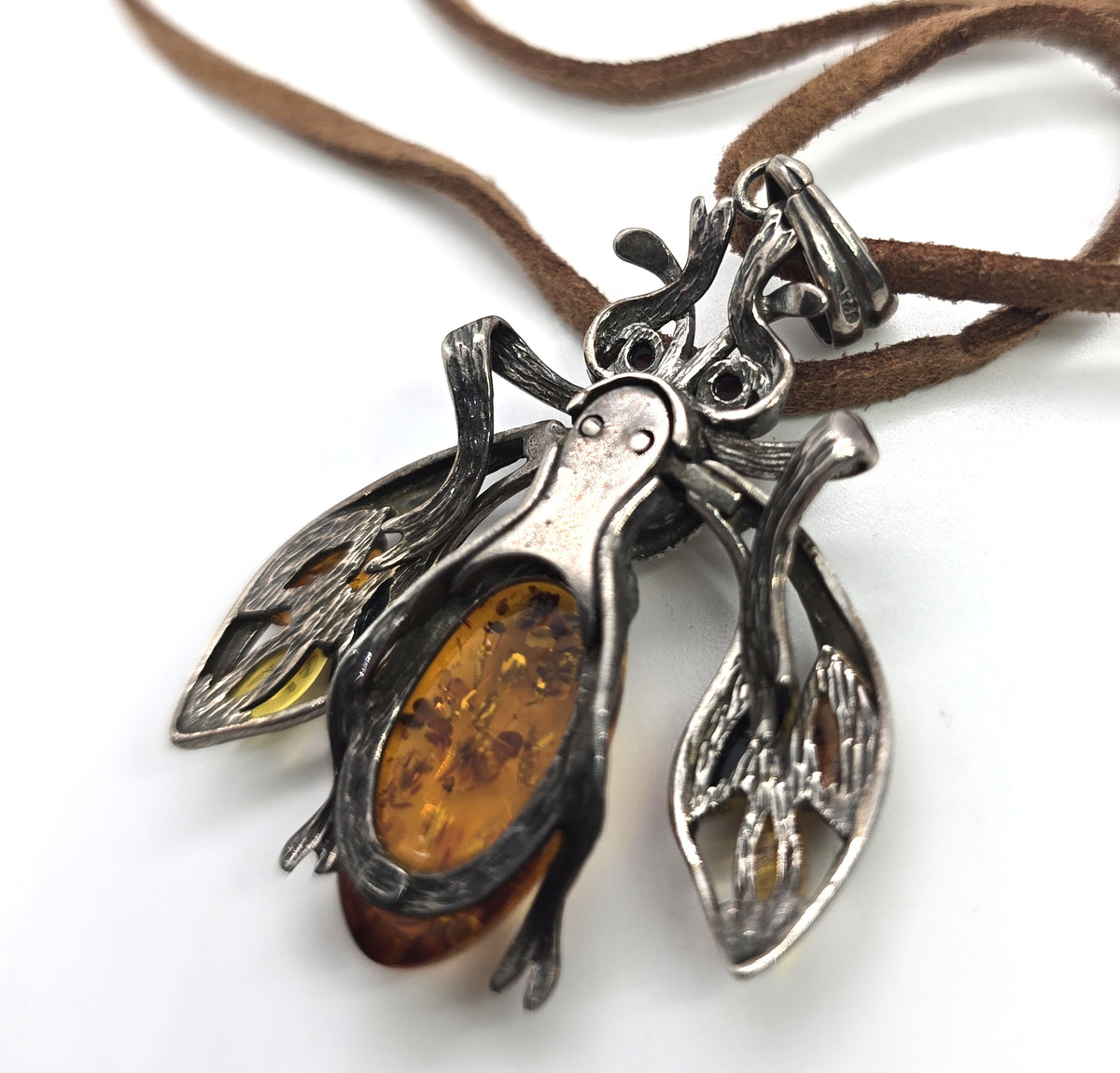 Articulated fly Amber sterling silver steampunk entomology pendant necklace