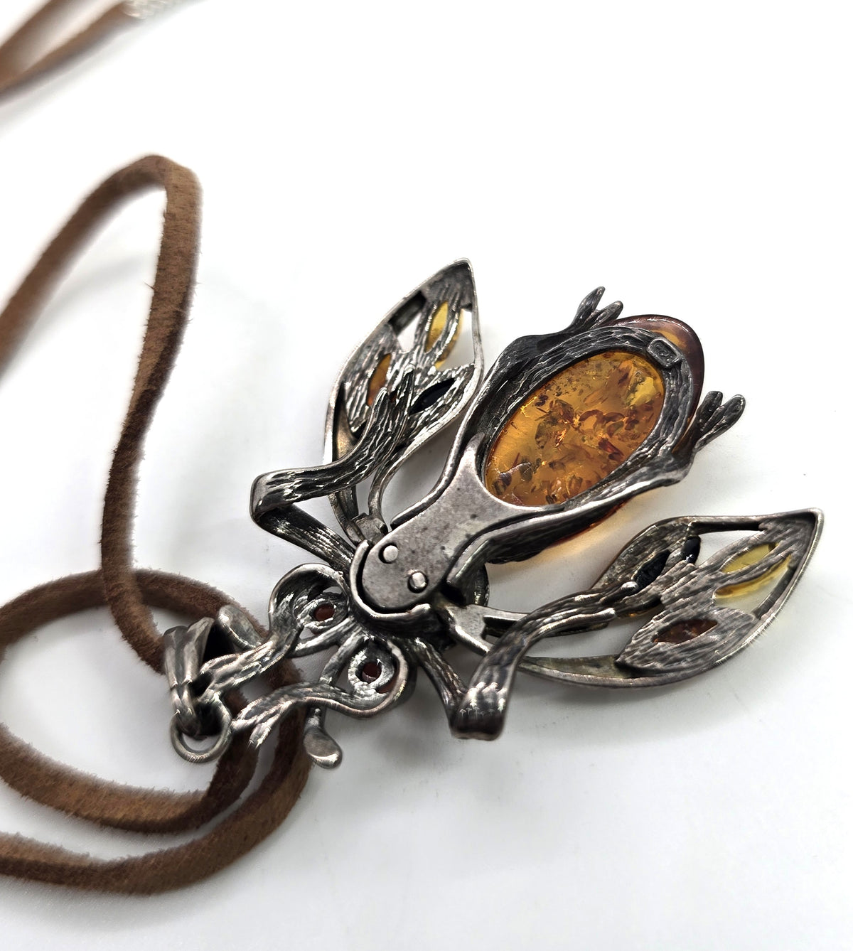 Articulated fly Amber sterling silver steampunk entomology pendant necklace