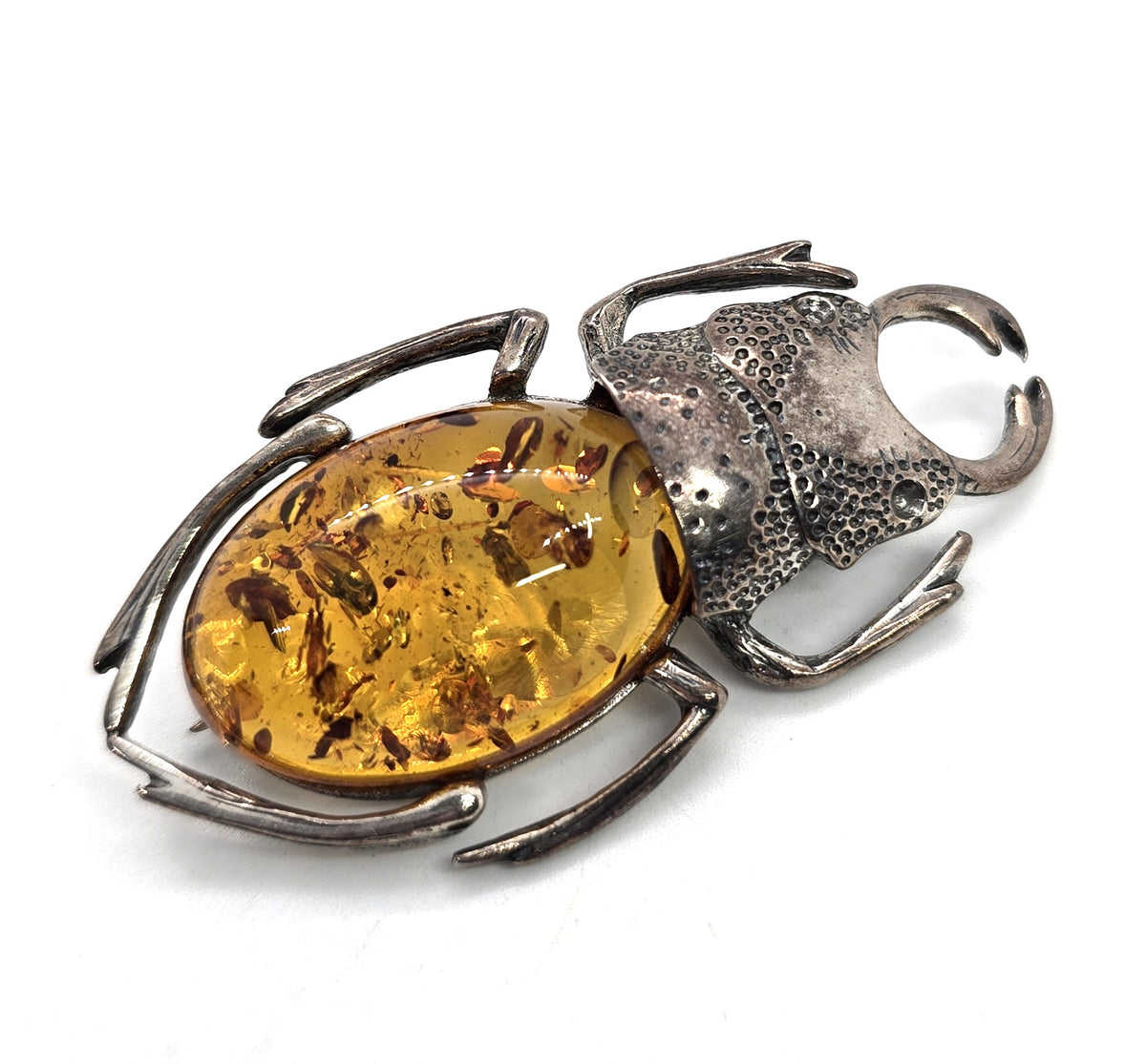 Stag Rhinoceros Beetle Polish amber sterling silver entomology large vintage brooch