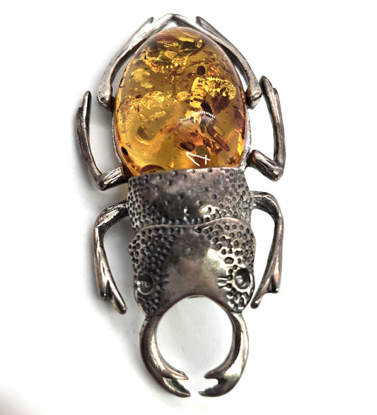 Stag Rhinoceros Beetle Polish amber sterling silver entomology large vintage brooch
