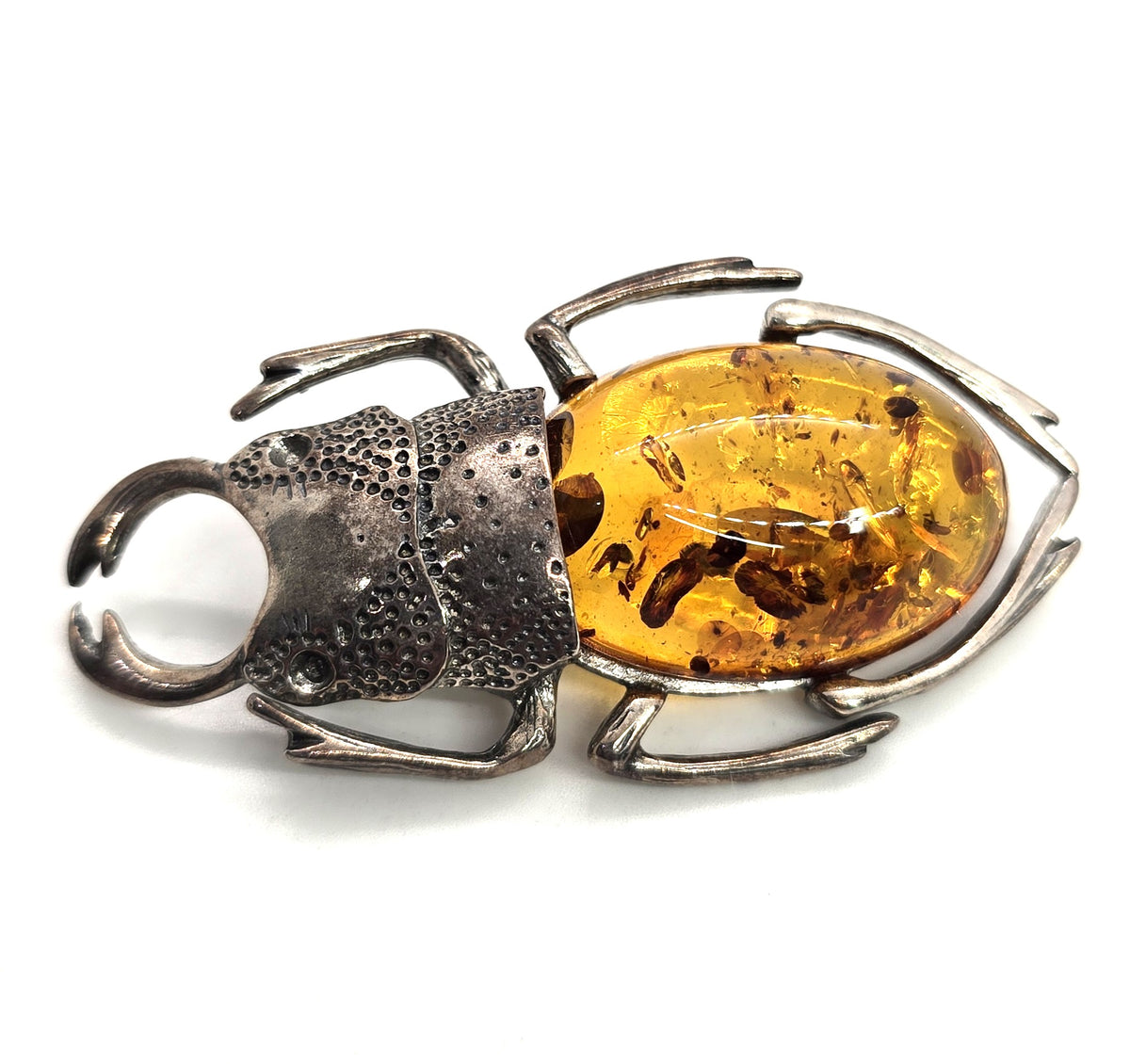 Stag Rhinoceros Beetle Polish amber sterling silver entomology large vintage brooch