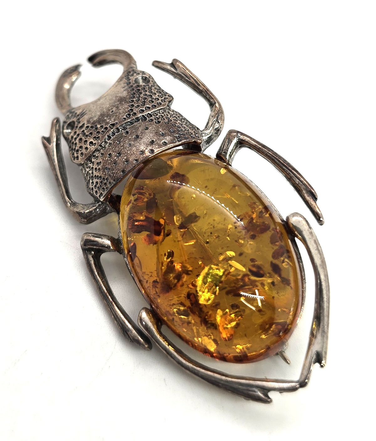 Stag Rhinoceros Beetle Polish amber sterling silver entomology large vintage brooch