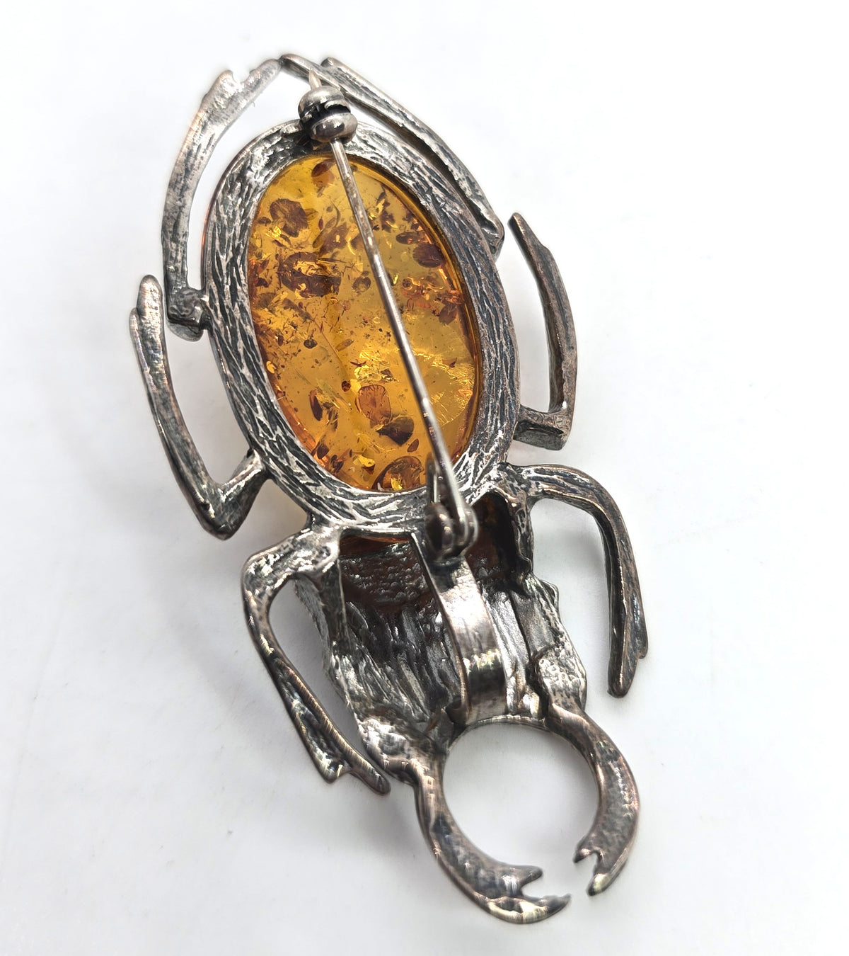 Stag Rhinoceros Beetle Polish amber sterling silver entomology large vintage brooch