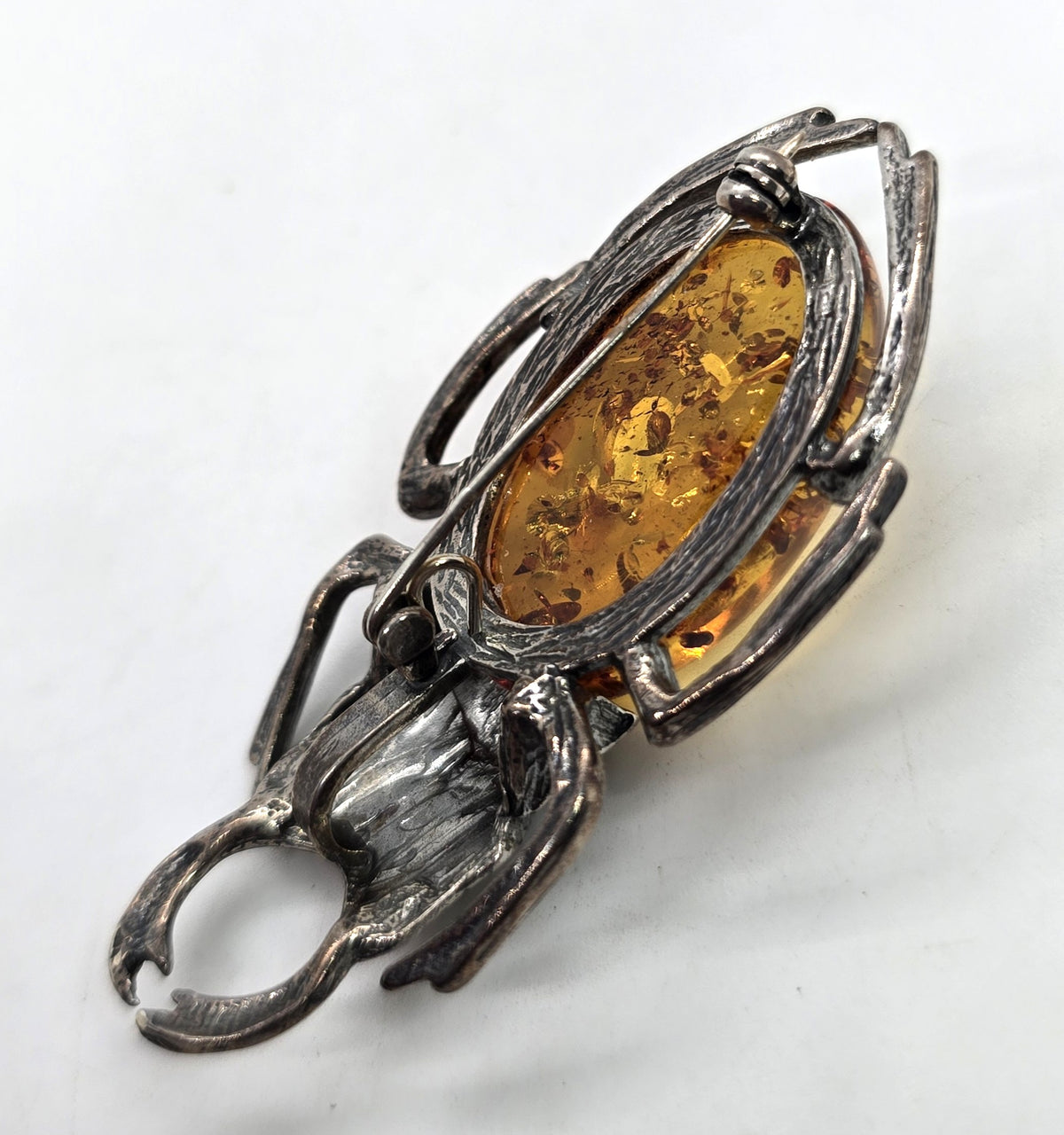 Stag Rhinoceros Beetle Polish amber sterling silver entomology large vintage brooch