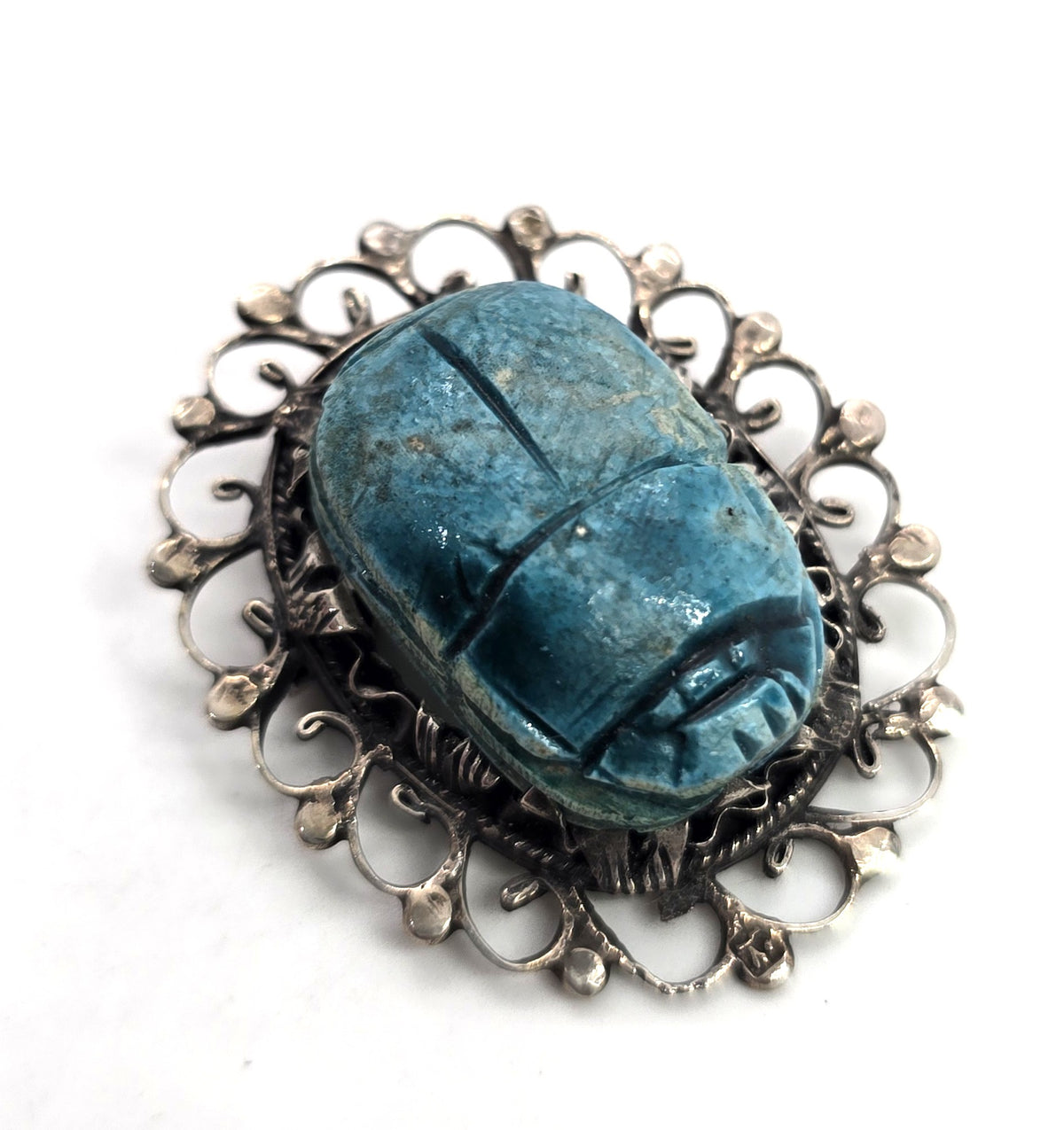 Egyptian Revival Scarab faience blue cab vintage sterling silver large Brooch