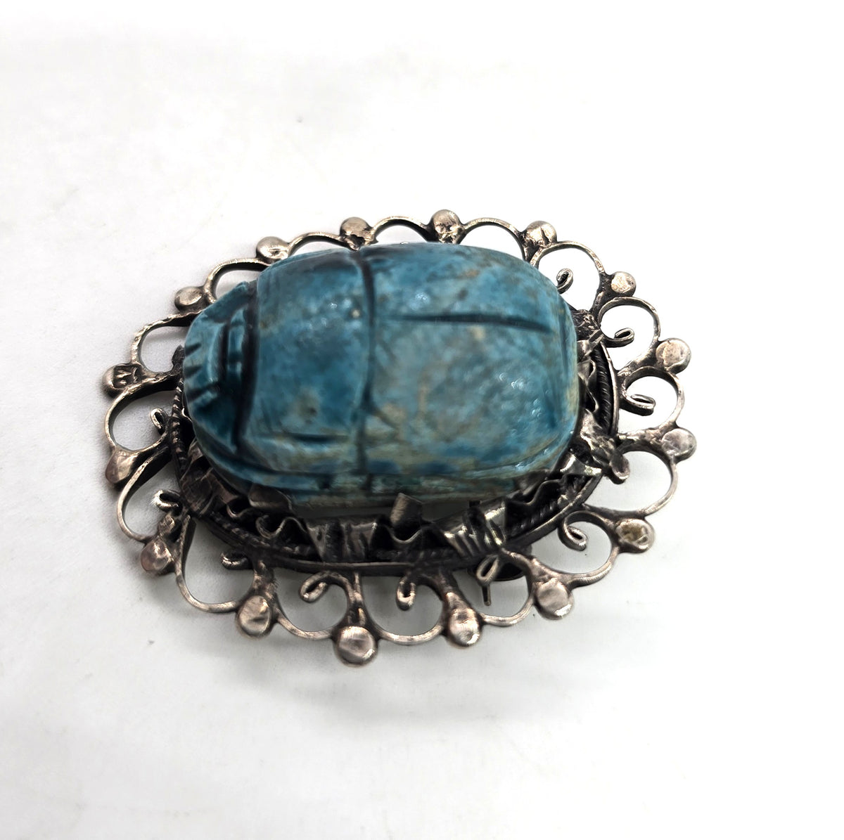 Egyptian Revival Scarab faience blue cab vintage sterling silver large Brooch
