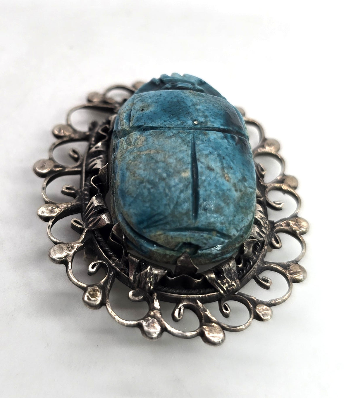 Egyptian Revival Scarab faience blue cab vintage sterling silver large Brooch