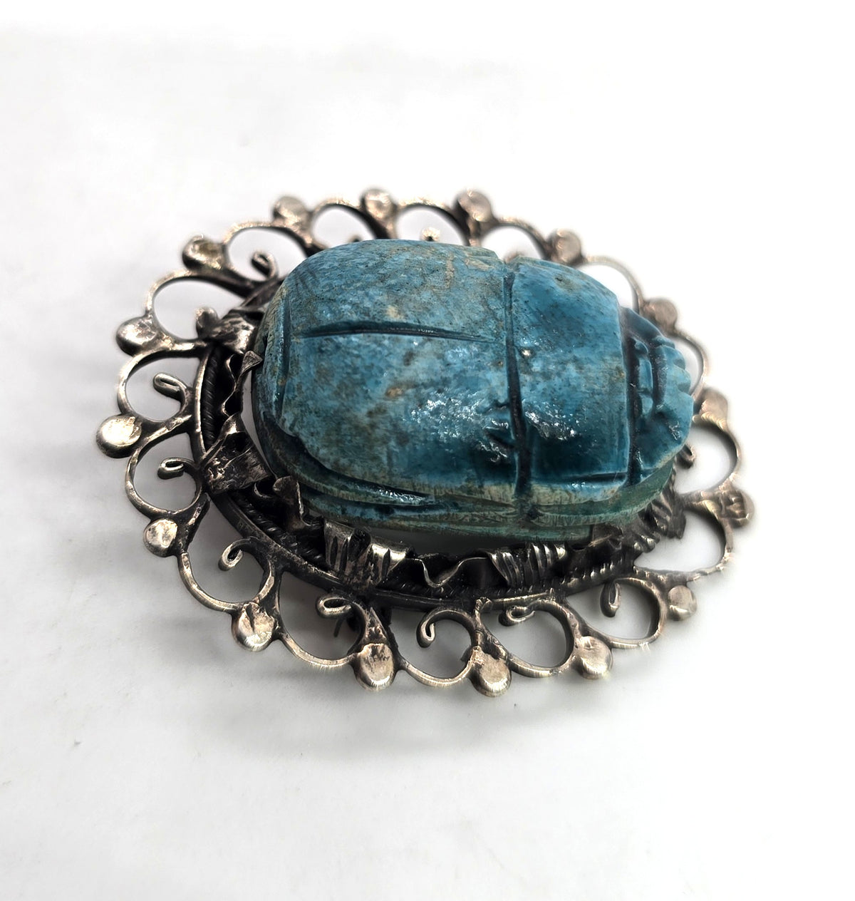 Egyptian Revival Scarab faience blue cab vintage sterling silver large Brooch