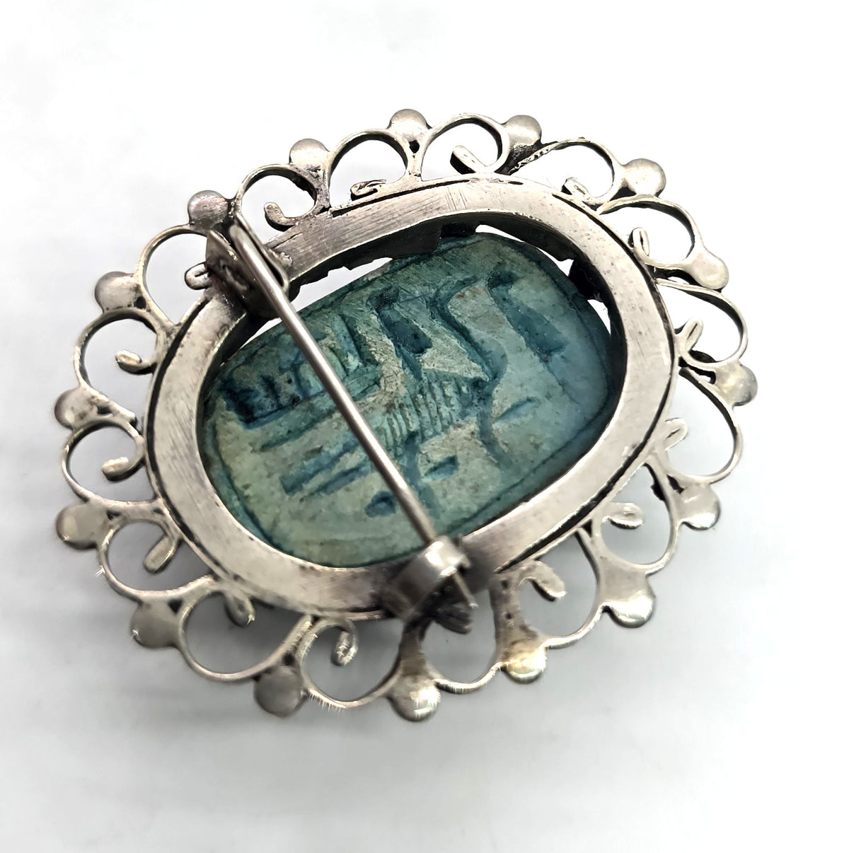Egyptian Revival Scarab faience blue cab vintage sterling silver large Brooch