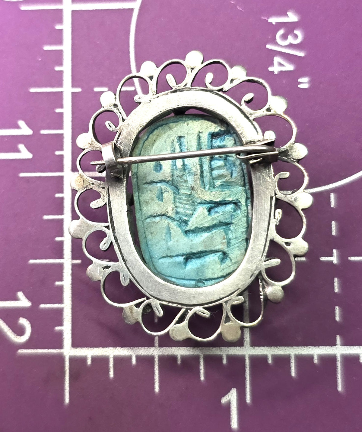 Egyptian Revival Scarab faience blue cab vintage sterling silver large Brooch