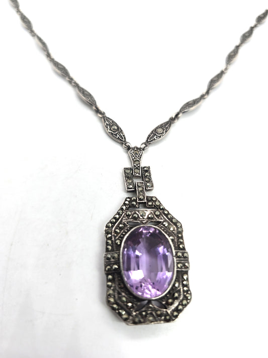 Art Deco Style large Amethyst marcasite vintage sterling silver necklace
