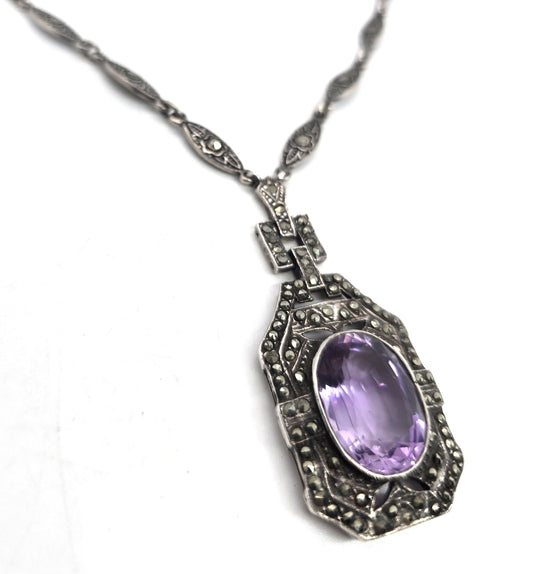 Art Deco Style large Amethyst marcasite vintage sterling silver necklace