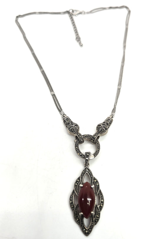 Art Deco Style Carnelian marcasite sterling silver vintage pendant necklace