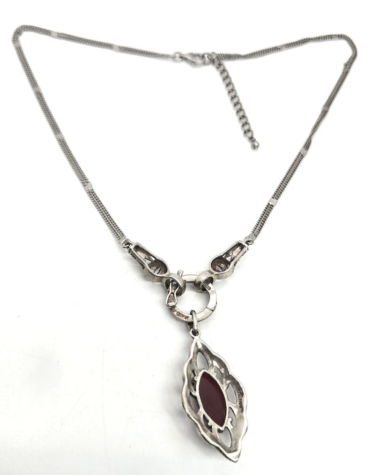 Art Deco Style Carnelian marcasite sterling silver vintage pendant necklace