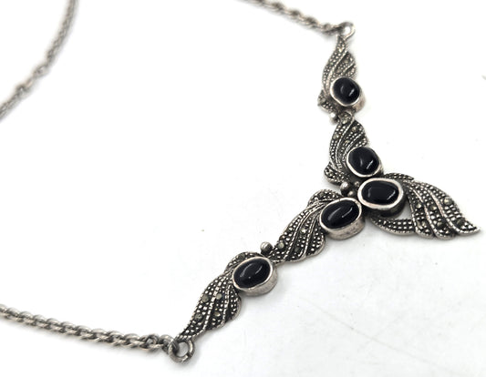 Black onyx marcasite vintage sterling silver retro statement necklace