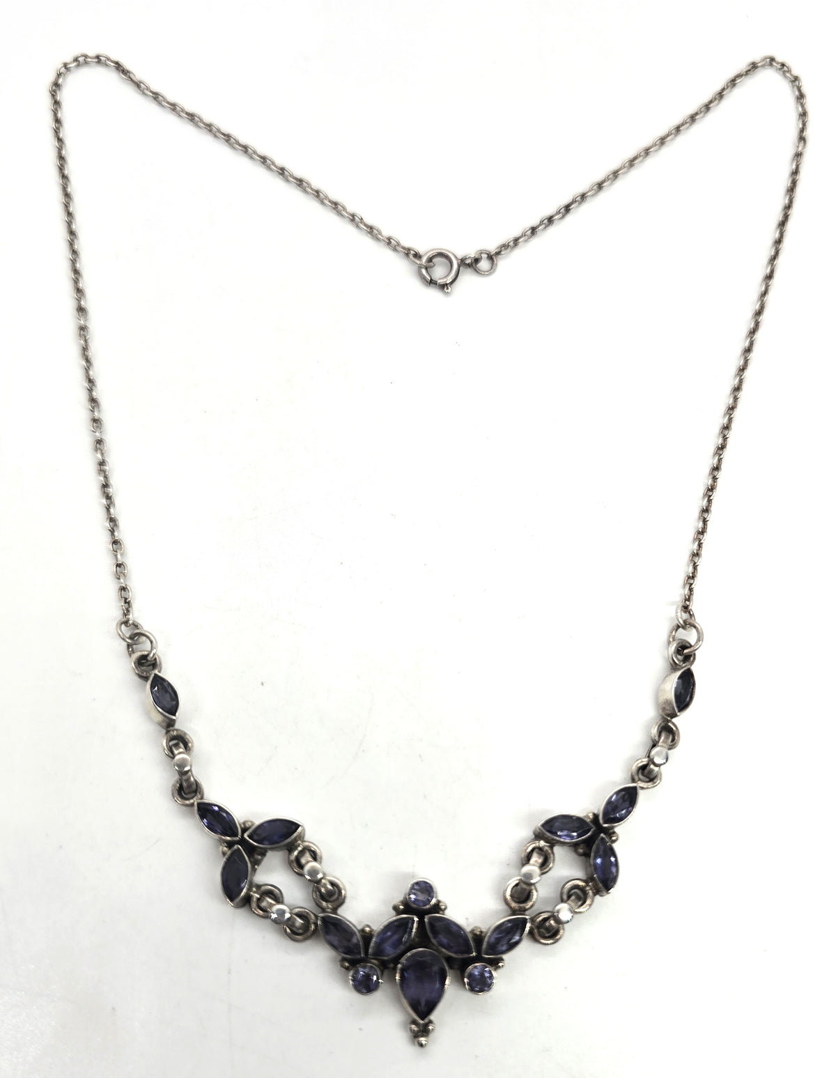 Tanzanite large multi gemstone vintage sterling silver necklace