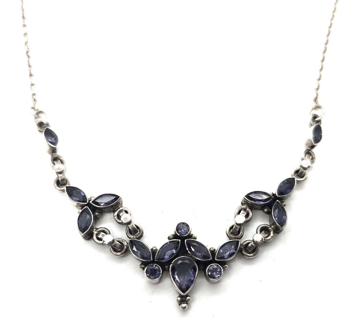 Tanzanite large multi gemstone vintage sterling silver necklace