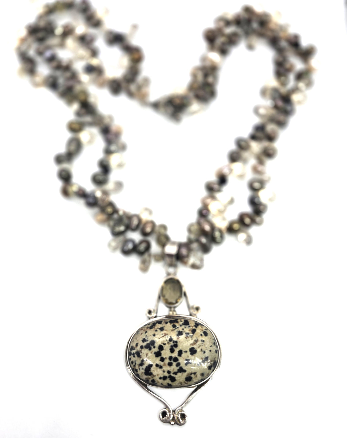 Dalmatian Jasper Smoky Quartz Tahitian pearl sterling silver vintage necklace
