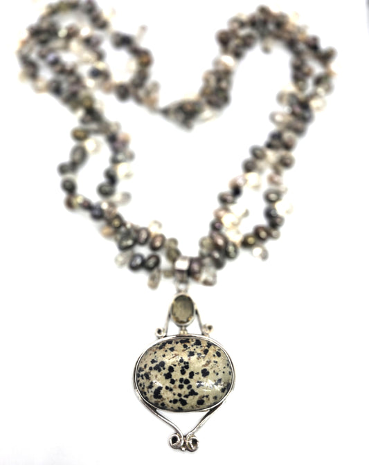 Dalmatian Jasper Smoky Quartz Tahitian pearl sterling silver vintage necklace