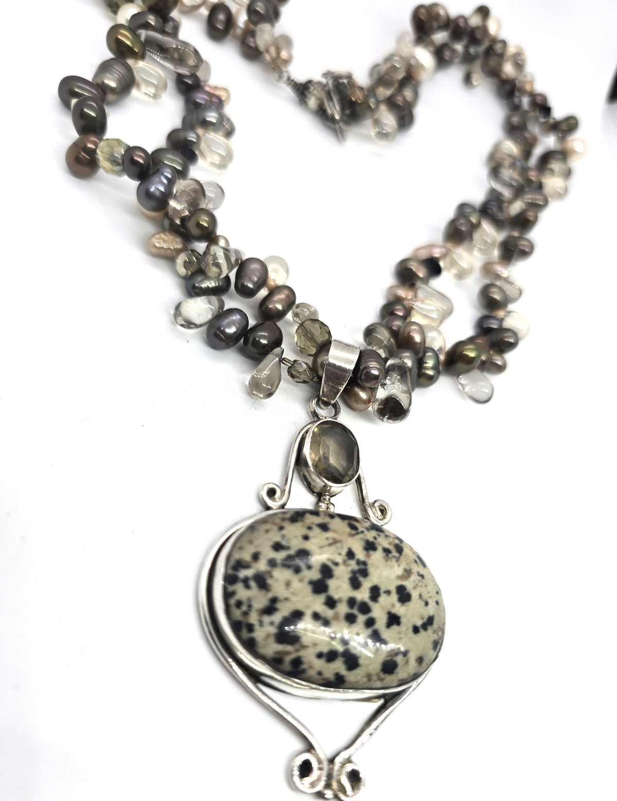 Dalmatian Jasper Smoky Quartz Tahitian pearl sterling silver vintage necklace