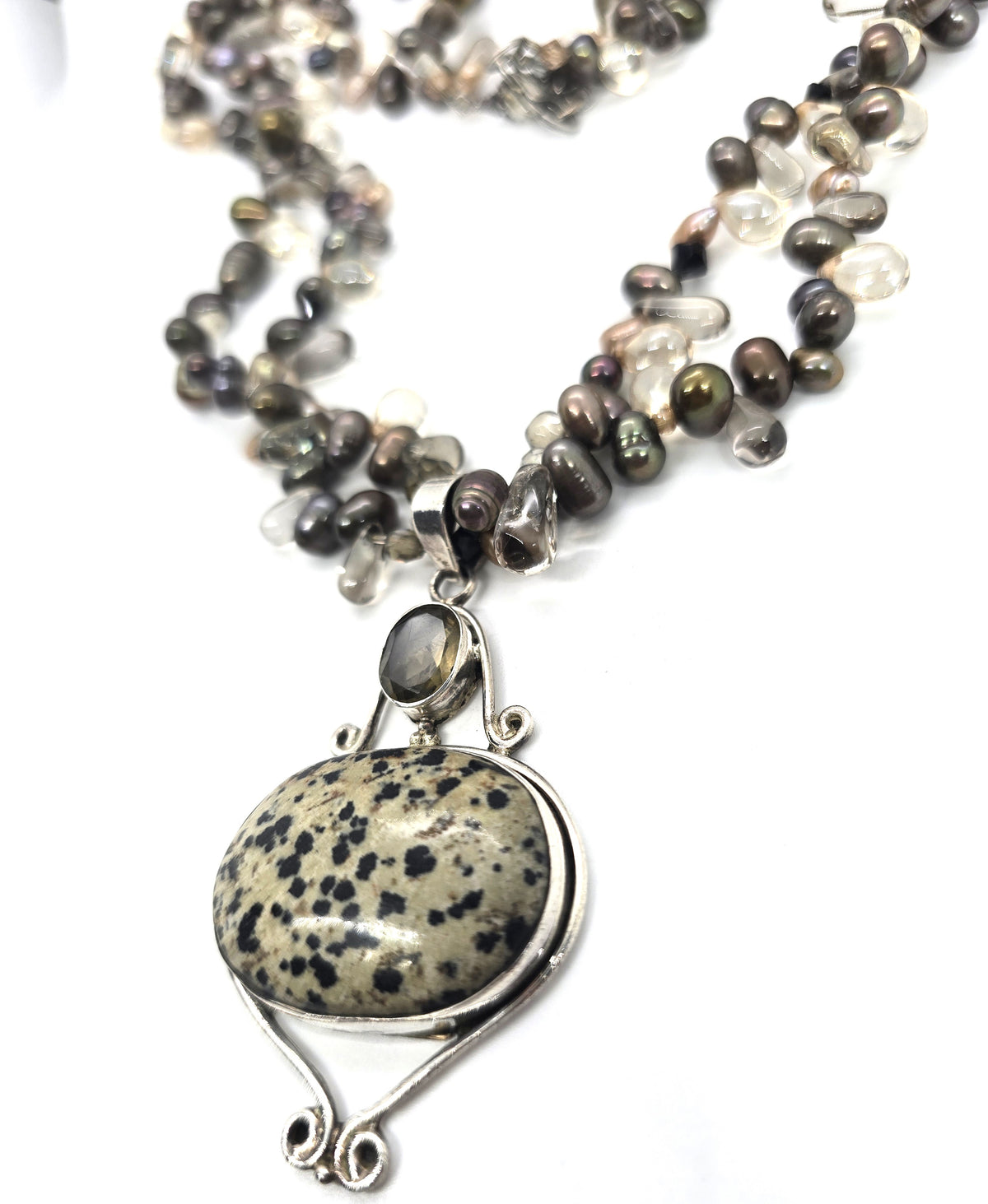 Dalmatian Jasper Smoky Quartz Tahitian pearl sterling silver vintage necklace