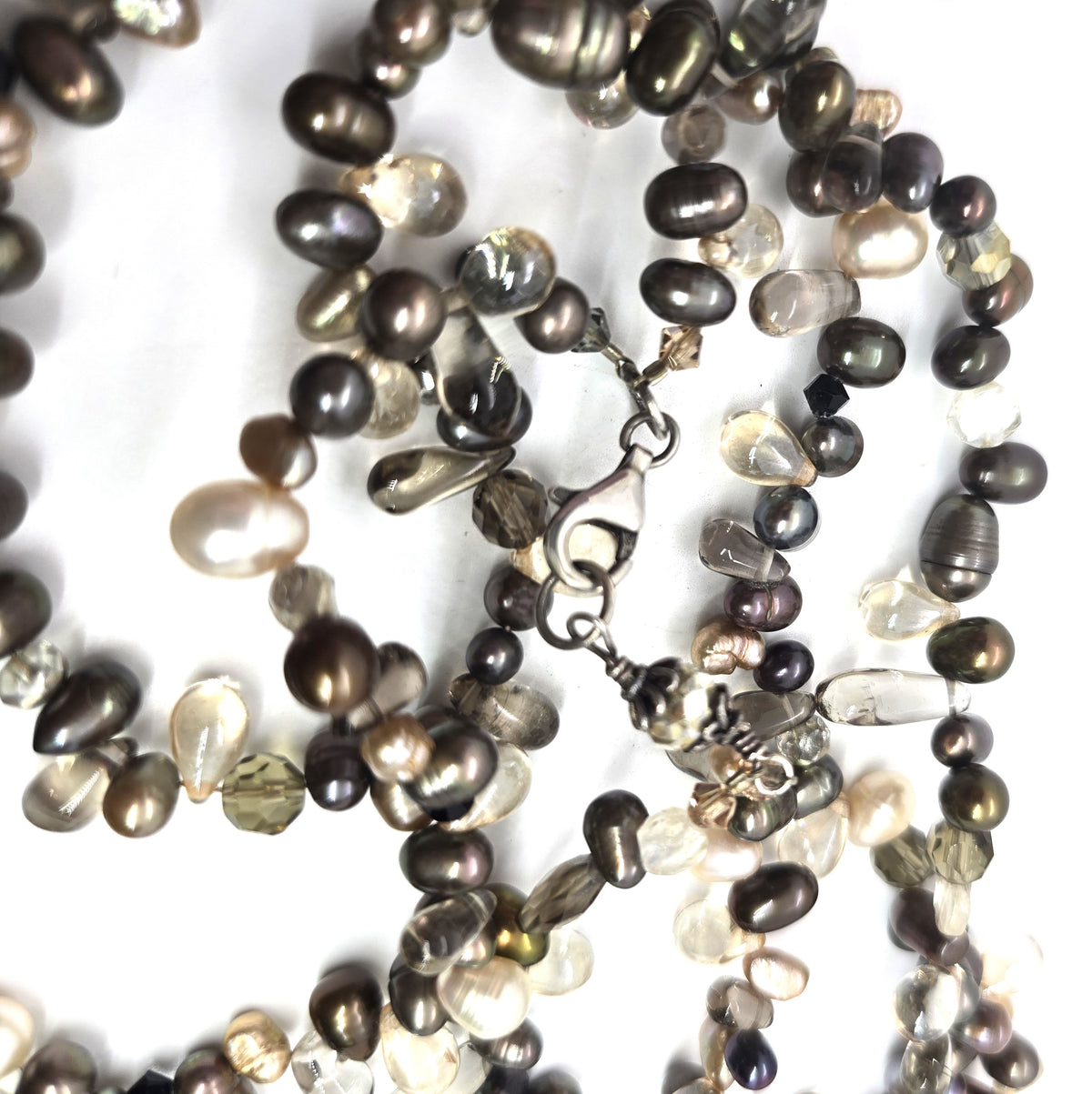 Dalmatian Jasper Smoky Quartz Tahitian pearl sterling silver vintage necklace