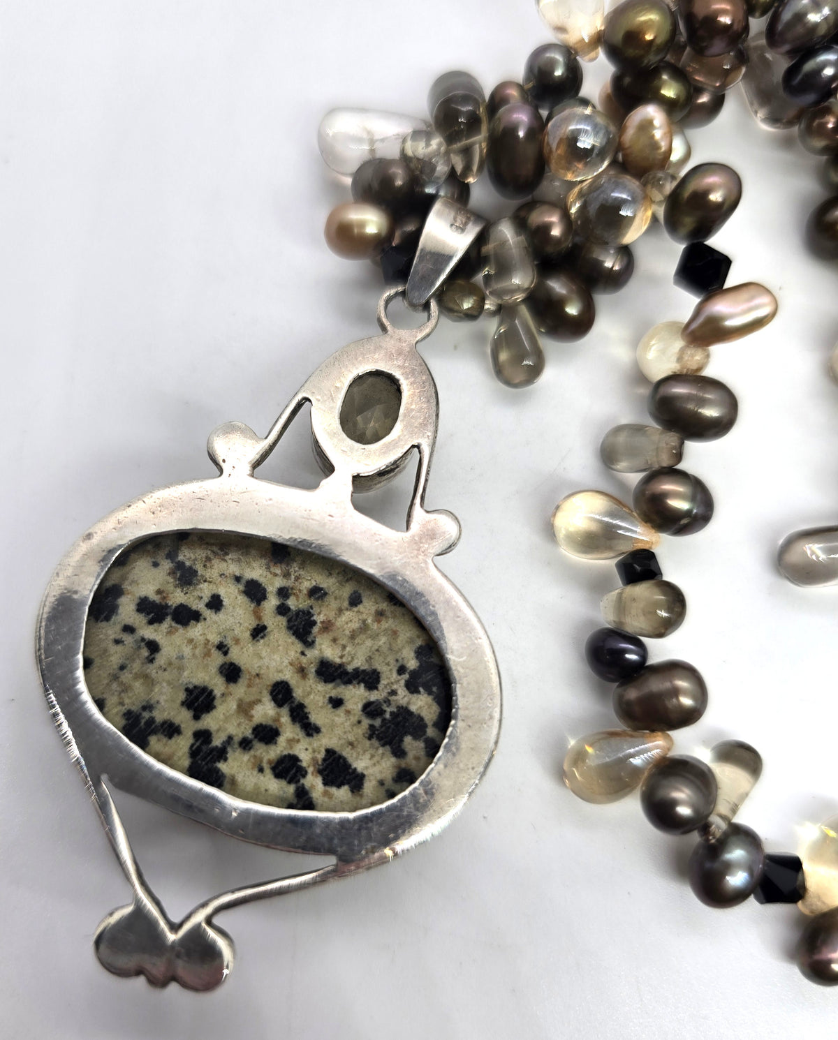 Dalmatian Jasper Smoky Quartz Tahitian pearl sterling silver vintage necklace