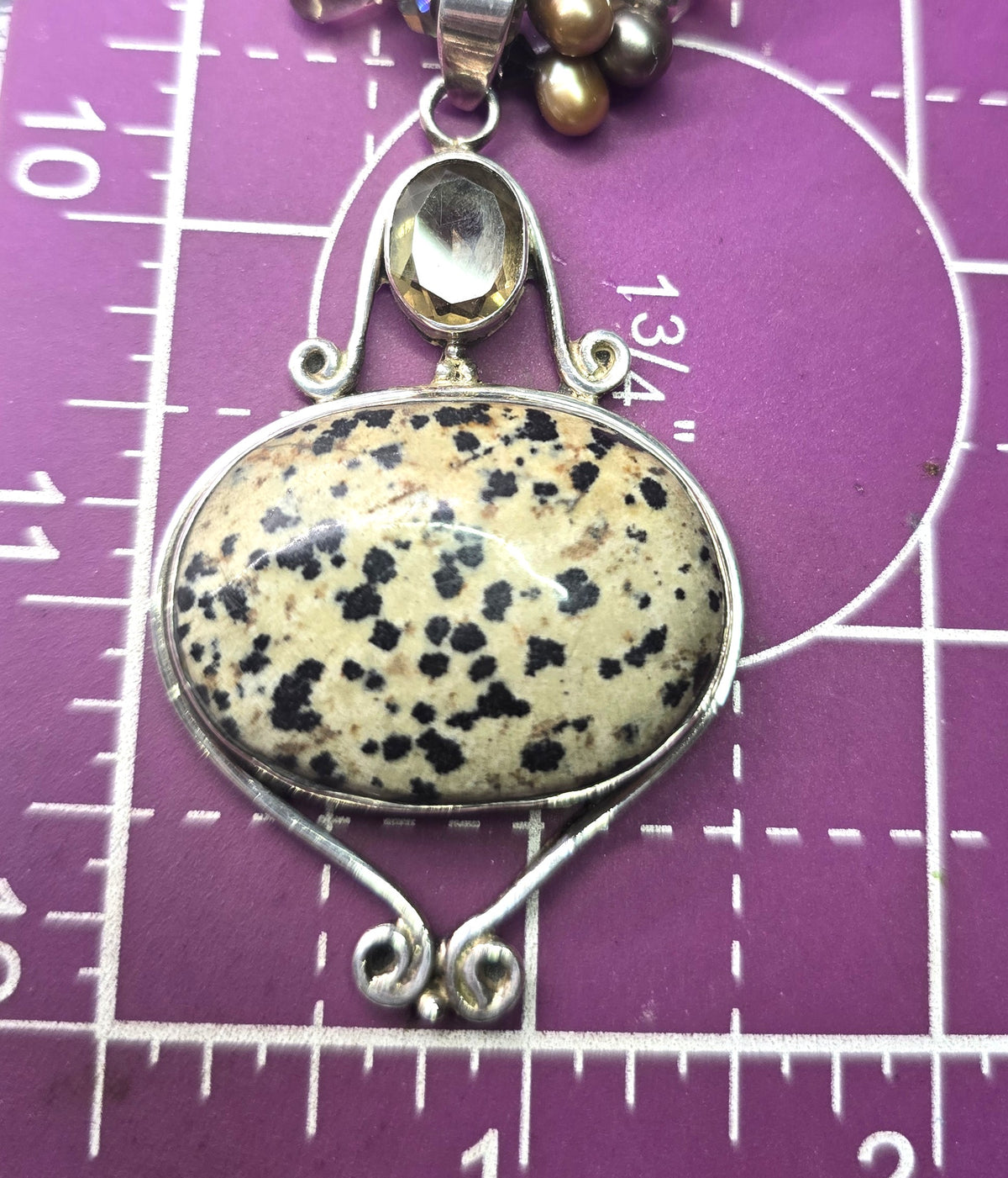 Dalmatian Jasper Smoky Quartz Tahitian pearl sterling silver vintage necklace