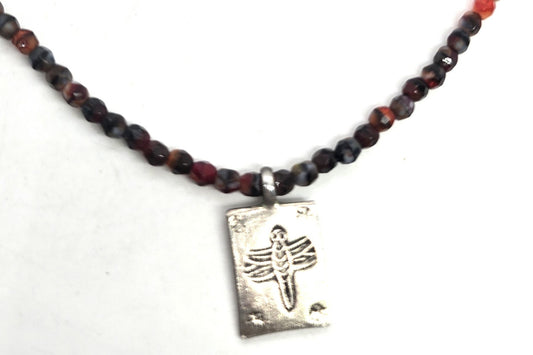 Dragonfly red and black sardonyx beaded sterling silver pendant necklace