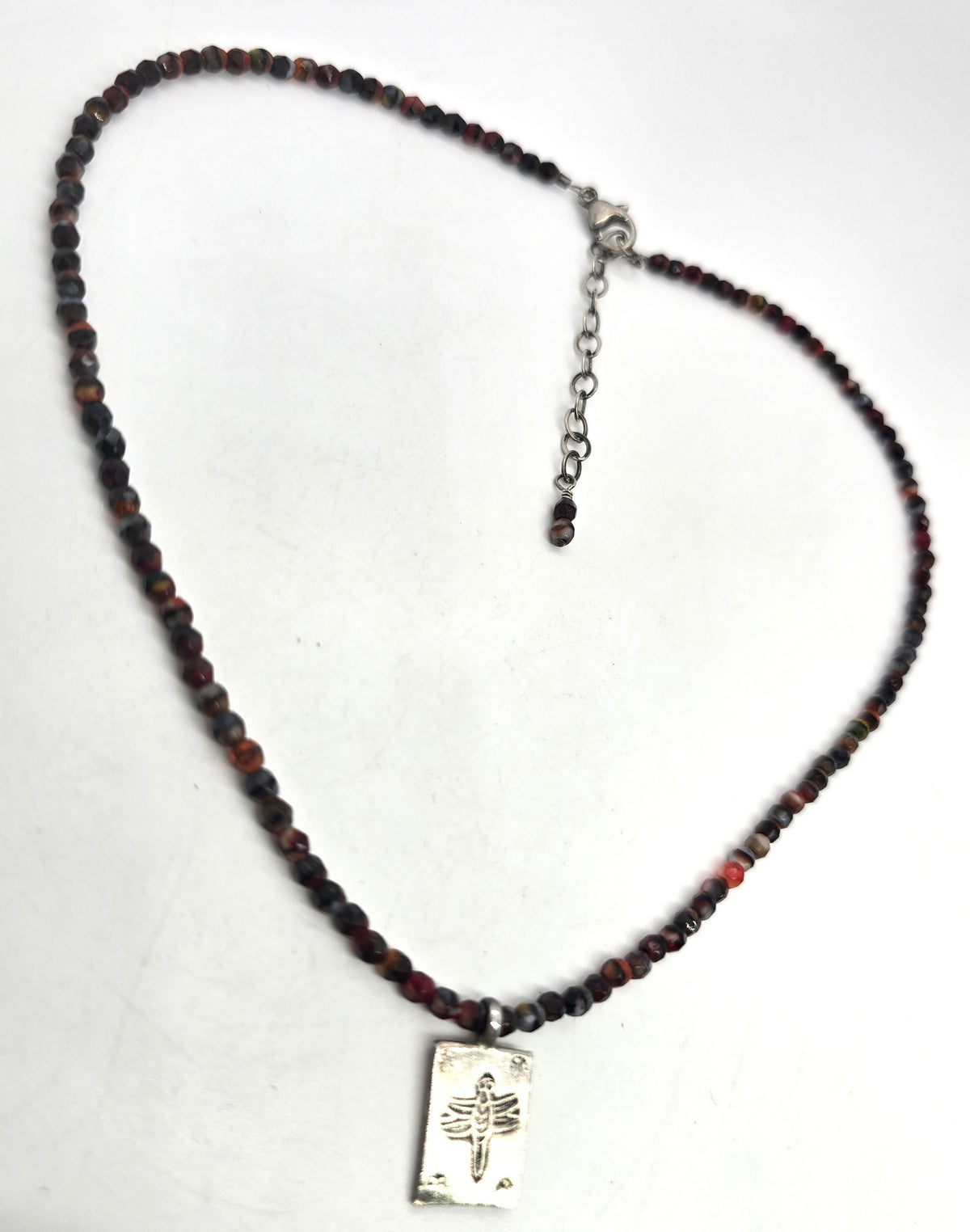 Dragonfly red and black sardonyx beaded sterling silver pendant necklace