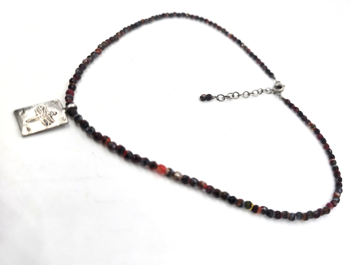 Dragonfly red and black sardonyx beaded sterling silver pendant necklace