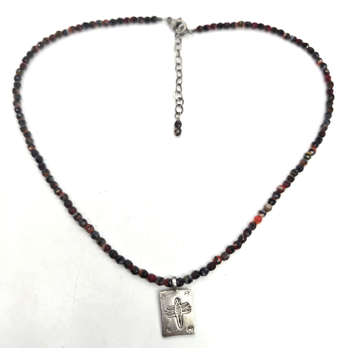Dragonfly red and black sardonyx beaded sterling silver pendant necklace