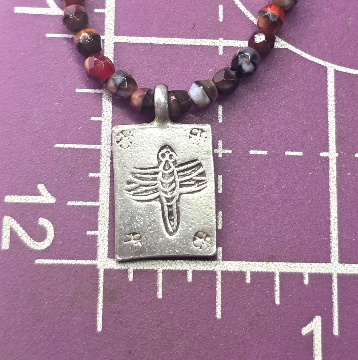 Dragonfly red and black sardonyx beaded sterling silver pendant necklace