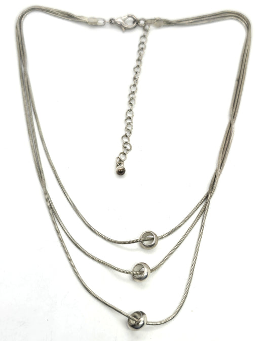 Silver plated triple strand beaded vintage modernist retro necklace
