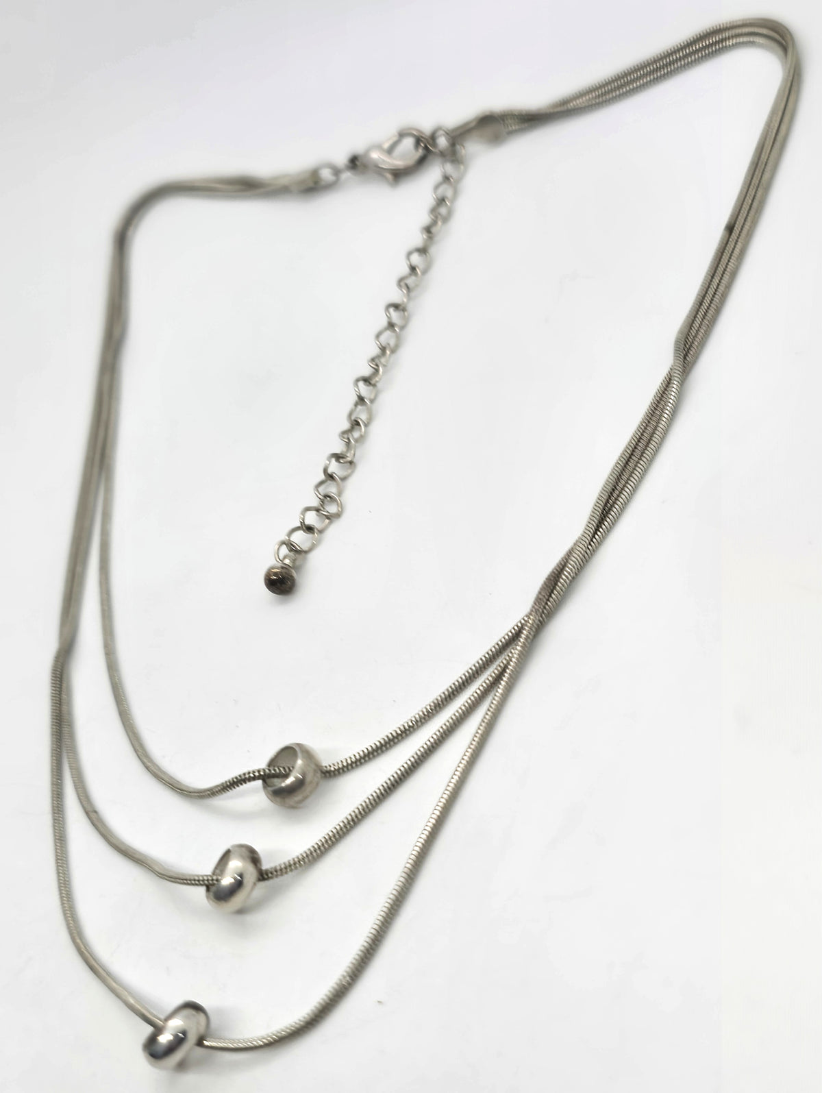 Silver plated triple strand beaded vintage modernist retro necklace